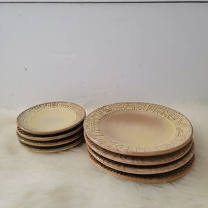 vintage Frankoma Set Of 8 aztec gold pottery plates 7G 7E